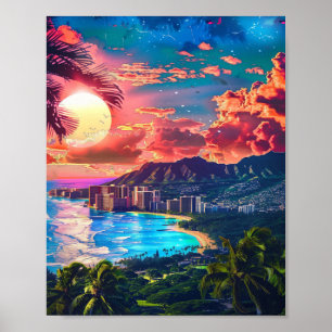 Poster Beau coucher de soleil sur la plage Hawaiian