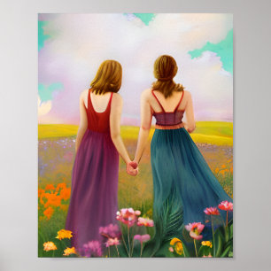 Poster Beau couple lesbien dans le domaine des fleurs