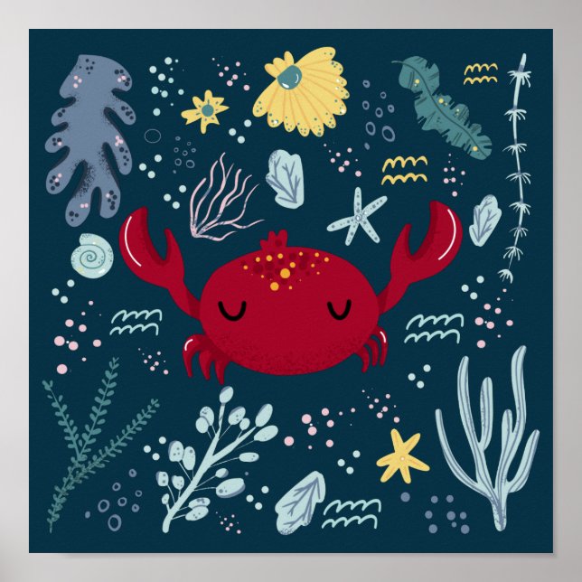 Poster Beau crabe dormant sous l'eau Doodle (Devant)