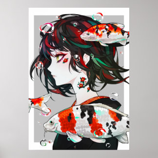 Poster Beau dessin - Anime Girl with Koi Fish