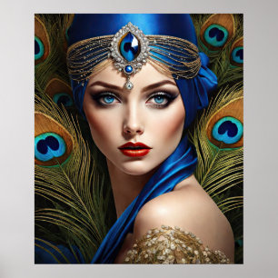 Poster Beau Flapper Avec Peacock Turban