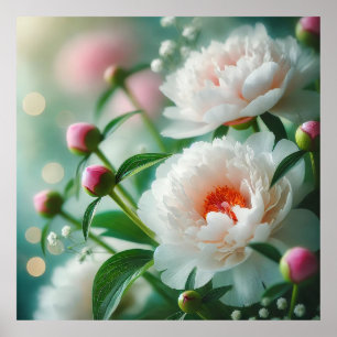 Poster Beau gros plan de pivoines blanches en fleurs