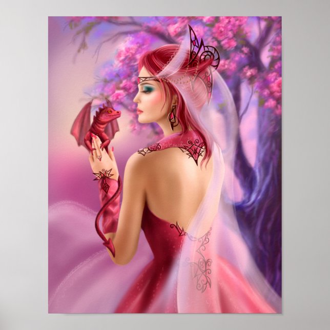 Poster Beau imaginaire femme reine et rouge drago (Devant)