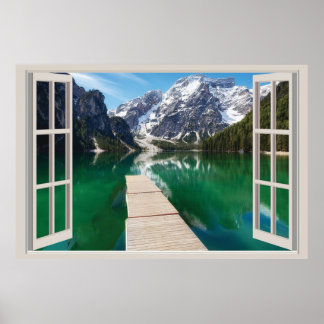 Poster Beau Lac Par Fenêtre Poster, Lakeh Fenêtre