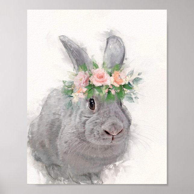 Poster Beau lapin avec couronne de fleurs (Devant)