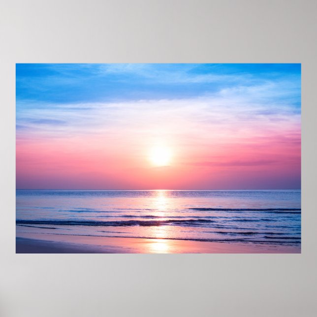 Poster Beau lever du soleil du matin, mer bleue, ciel ros (Devant)