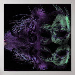 Poster Beau Masque vert et violet Mardi Gras