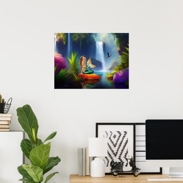 Poster Beau Mur de chute d'eau de sirène (Bureau à domicile)