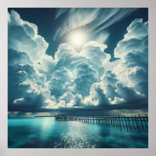 Poster Beau Océan, Dock et nuages fluides