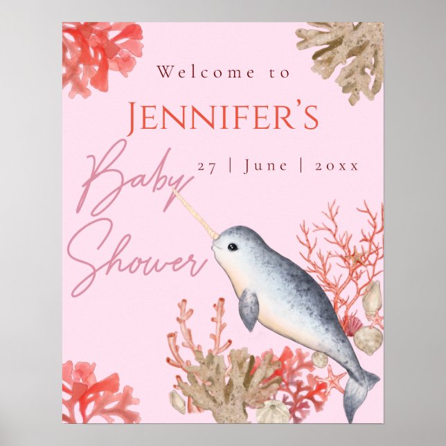 Poster Beau océan Narwhal Baby shower de bienvenue (Devant)