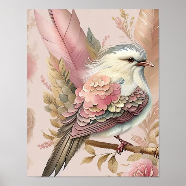 Poster Beau Oiseau Imprimer Plumes d'ivoire rose Rose (Devant)