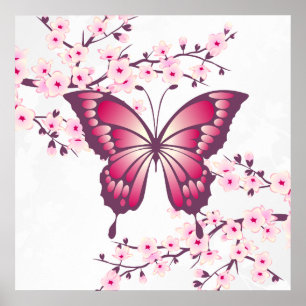 Poster Beau Papillon Rose Et Fleurs De Cerisiers