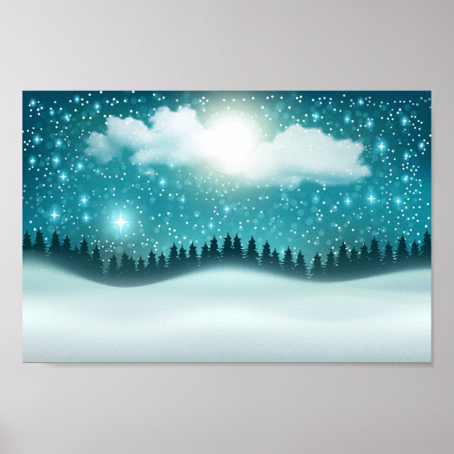 Poster Beau paysage forestier de nuit d'hiver (Devant)