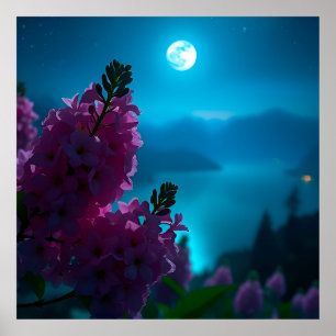 Poster Beau paysage nocturne avec fleurs et lune
