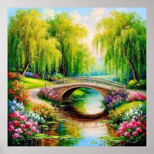 Poster Beau pont dans un paysage en fleurs