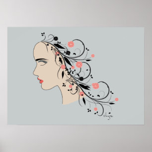 Poster Beau profil de femme avec fleurs et tourbillons