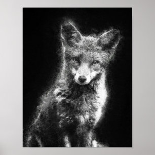 Poster beau renard noir et blanc croquis art