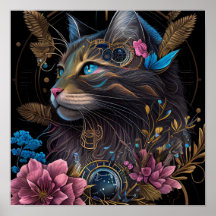 Beau steampunk Maine Coon avec fleurs IA art