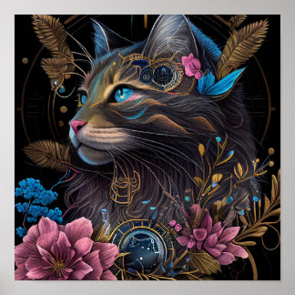 Poster Beau steampunk Maine Coon avec fleurs IA art