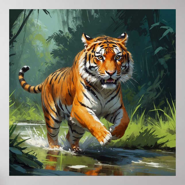 Poster Beau Tigre courir dans la peinture de la jungle (Devant)