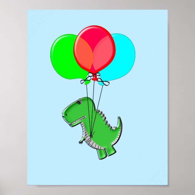 Poster Beau Vol T-Rex Avec Ballons Dans Ciel Bleu (Devant)