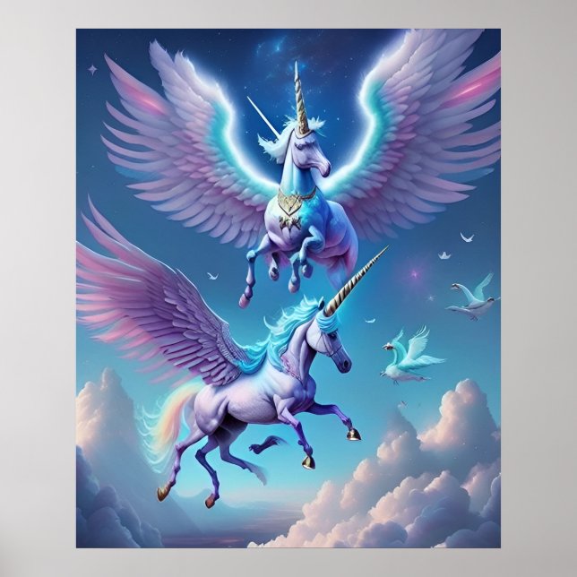 Poster Beau Volant Violet Unicornes Chevaux Nuage Ciel (Devant)