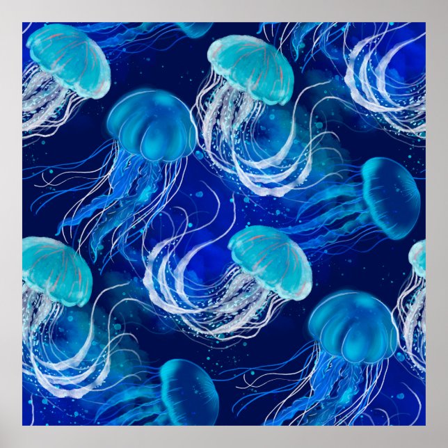 Poster Beaucoup de méduses bleues nageant sous l'eau. Sea (Devant)