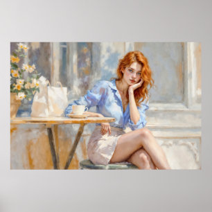 Poster Beauté aux cheveux roux assise dans un café art do