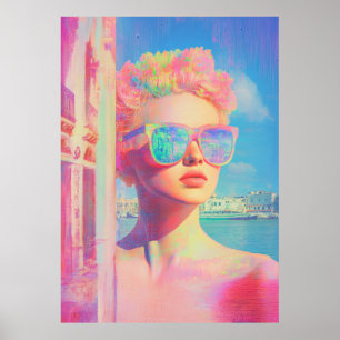 Poster Beauté côtière de Neon avec lunettes de soleil
