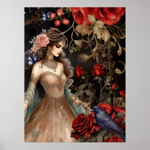 Poster Beauté foncée exquise Roses rouges et corbeau