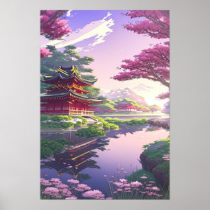 Poster Beauté sereine, Temple japonais au bord de la rivi
