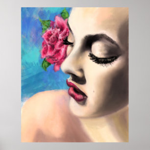 Poster Beauty Woman avec Rose rouge - Art de la peinture 