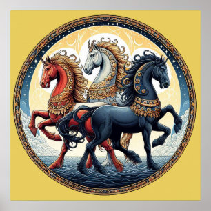 Poster "Beaux chevaux mystiques rouges, blancs et bleus"