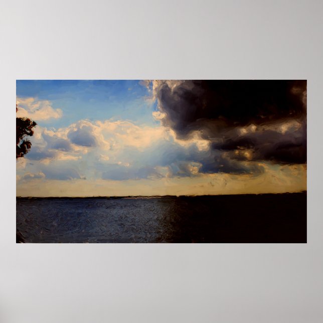 Poster Beaux nuages et peinture à l'huile de lac sur toil (Devant)
