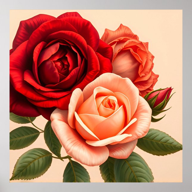 Poster Beaux Roses rouges, roses et coraux (Devant)