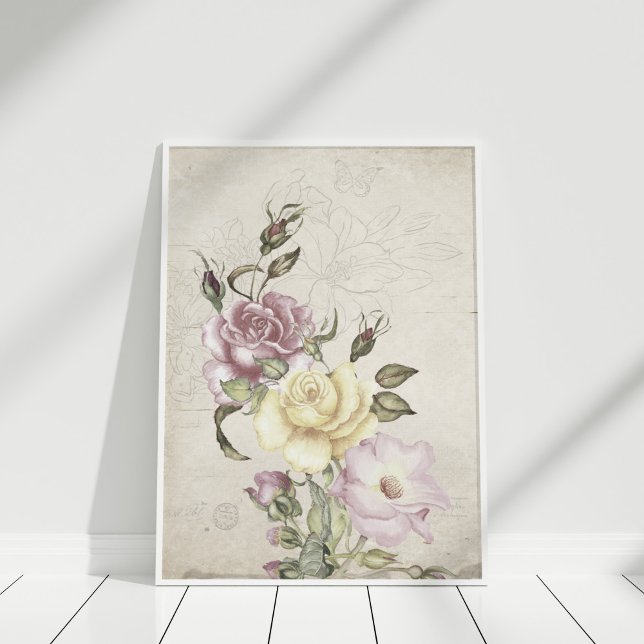 Poster Beaux roses vintages (Beautiful vintage roses poster in a white frame in a white room.)