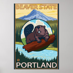Poster Beaver & Mt Hood - Portland, Oregon