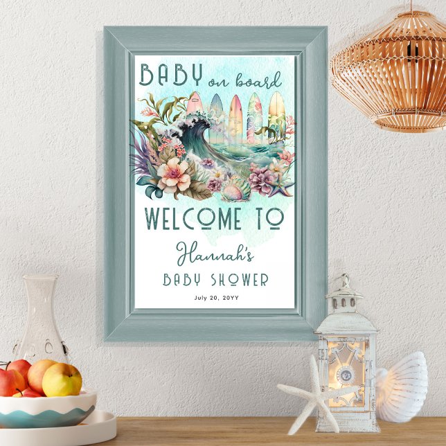 Poster Bébé à bord Baby shower floral de surf tropical (Créateur téléchargé)