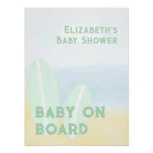 Poster Bébé à bord du Baby shower d'aquarelle surf Beach