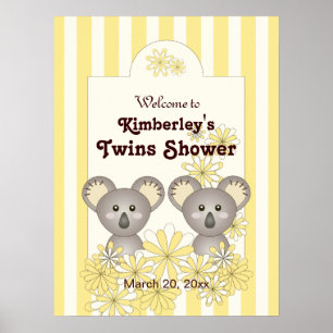 Poster Bébé à rayures jaunes Koala Twin Kids Party Bienve