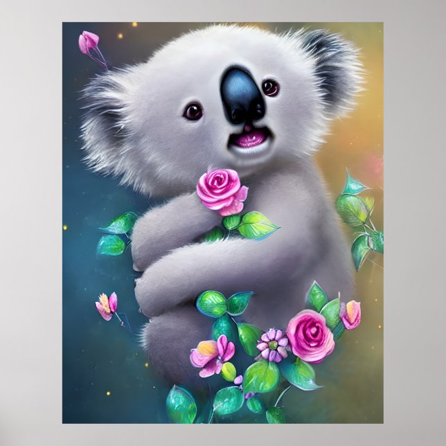 Poster Bébé adorable Ours Koala avec fleurs (Devant)
