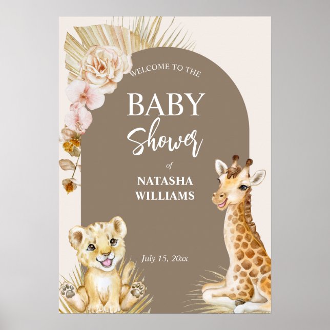 Poster Bébé animaux baby shower brun signe de bienvenue (Devant)