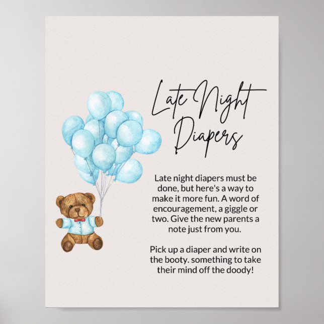 Poster Bébé Baby shower Ours Bleu Late Night Diapers (Devant)