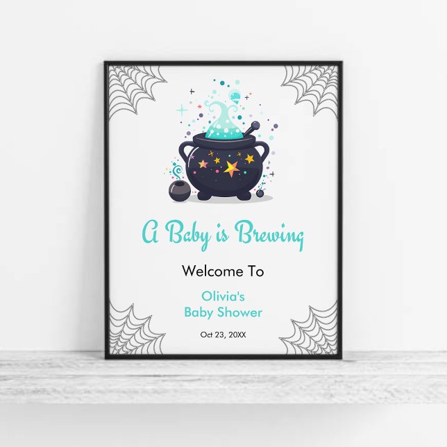 Poster Bébé bleu brasse Baby shower d'Halloween Bienvenue (Blue A Baby is Brewing Cauldron Halloween Boy Baby Shower Welcome Sign  )