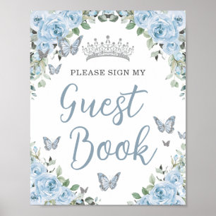 Poster Bébé Bleu Floral Papillon Quinceañera Guest Book