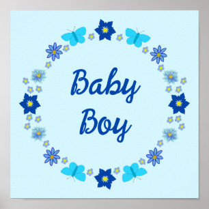 Poster Bébé bleu Papillons et fleurs personnalisés