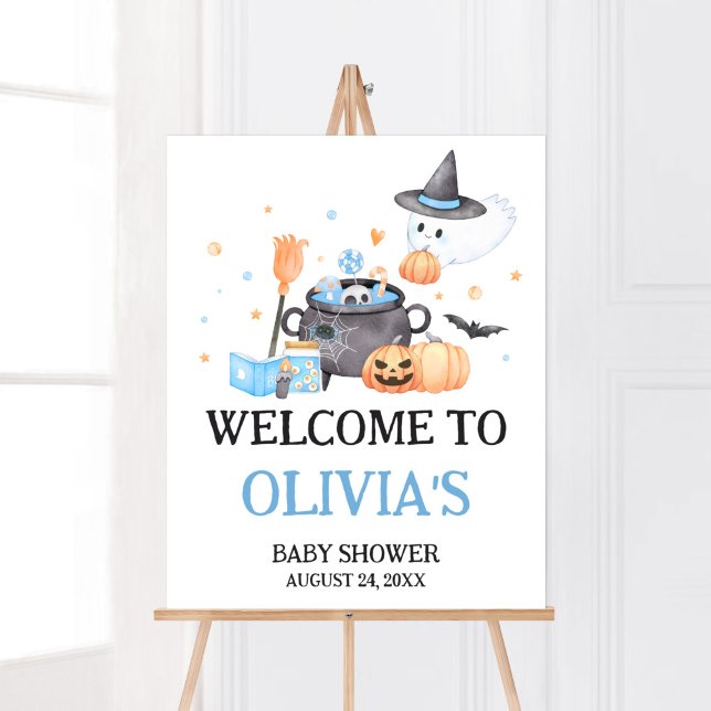 Poster Bébé brasse Bleu Halloween Bienvenue (Baby is Brewing Baby Shower Welcome Sign)
