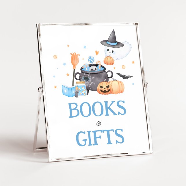 Poster Bébé brasse Bleu Halloween Livres et cadeaux (Baby is Brewing Baby Shower Books and Gifts Sign)