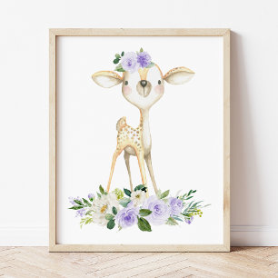 Poster Bébé cerf, Animaux des bois, Boho, Fleurs violette