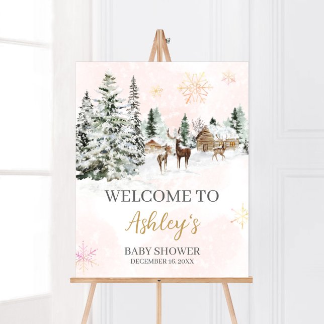 Poster Bébé C'est froid dehors Fille Accueil d'hiver (Winter Wonderland Baby Shower Welcome Sign)